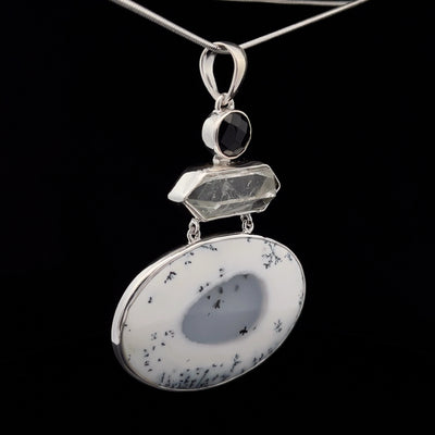 Sterling Silver Dendritic Opal, Quartz and Black Spinel Pendant