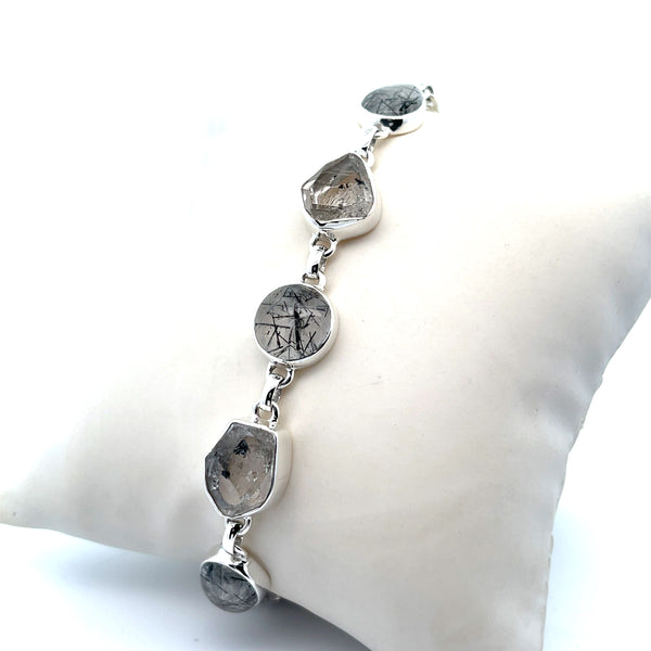 Sterling Silver Tourmalated Quartz and Herkimer Diamond Bracelet