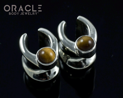 0g (8mm) White Brass Saddles with Yellow Tiger Eye