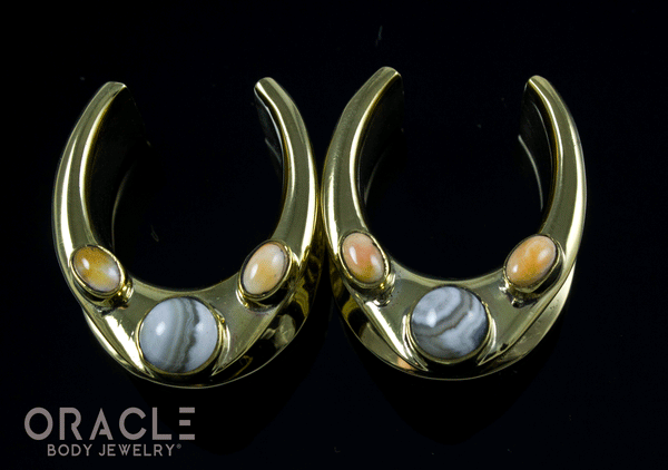 7/8" (22mm) Brass Saddles with Crazy Lace Agate and Spiny Oyster