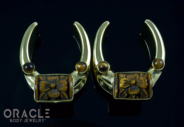 1" (25mm) Brass Saddles with Carved Yellow Tiger Eye Flowers and Accents