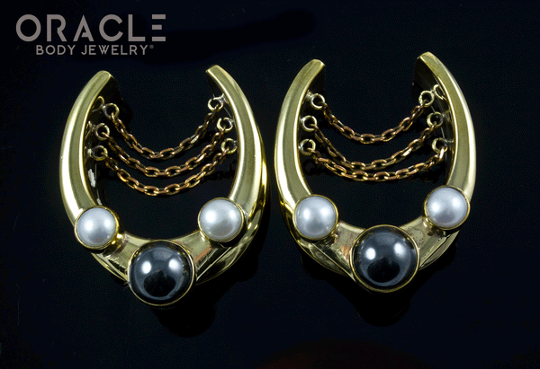 1-1/4" (32mm) Brass Saddles with Chains and Black and White Pearls