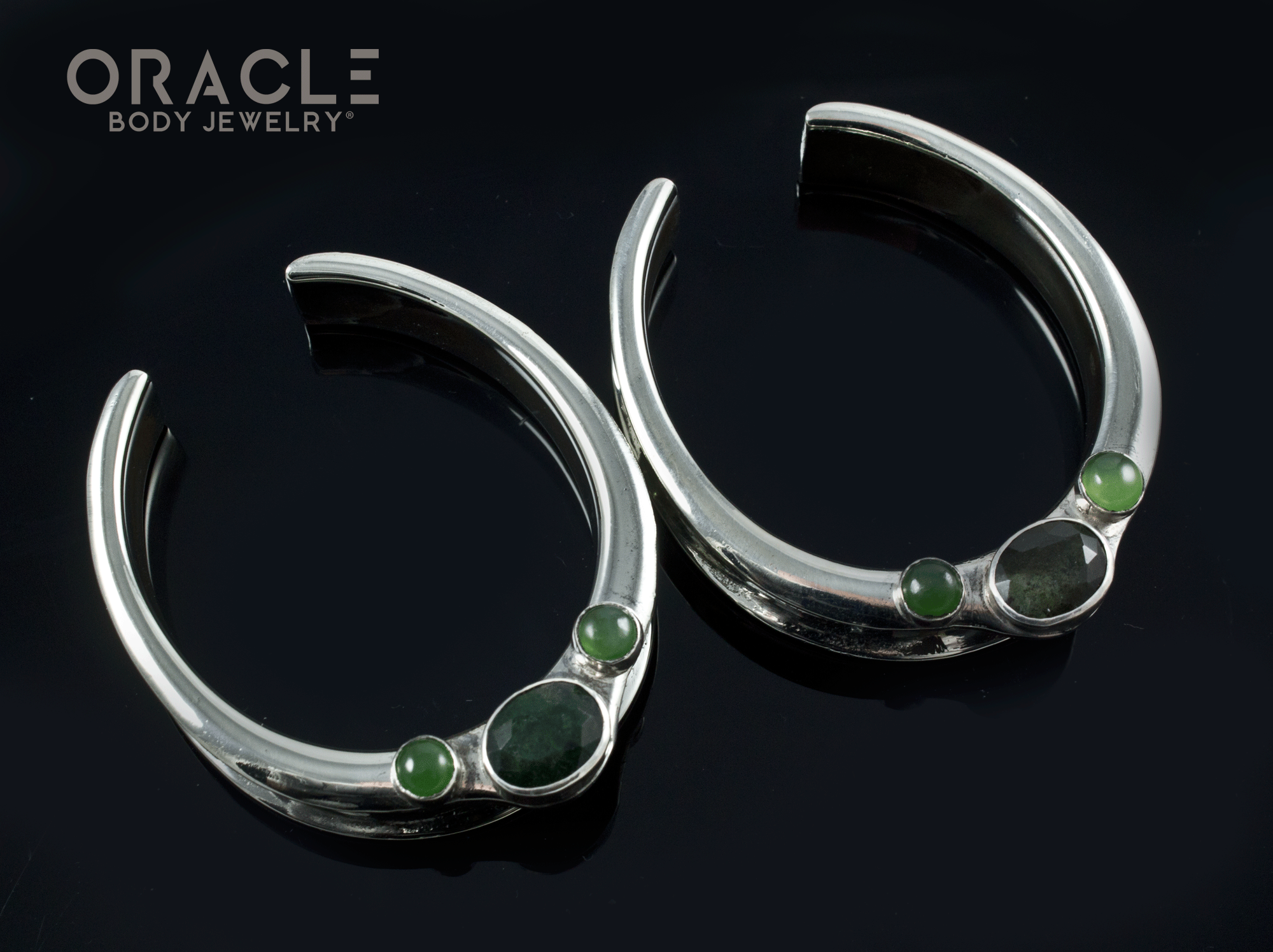 1-3/4" (44mm) White Brass Saddles with Faceted Moss Agate and Nephrite Jade
