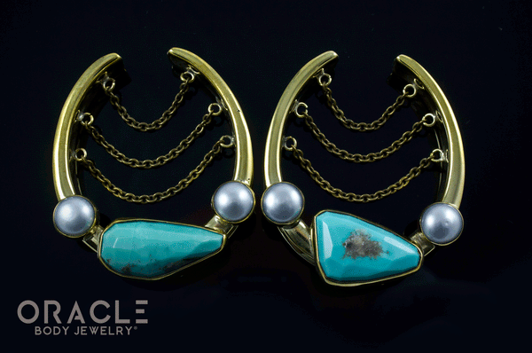 1-3/4" (44mm) Brass Saddles with Chains, Natural Faceted Turquoise and Pearls