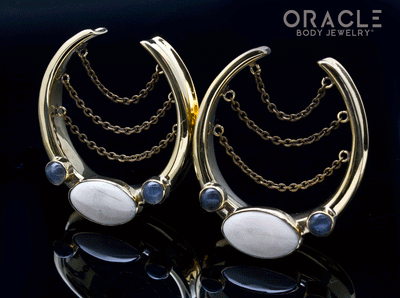 1-3/4" (44mm) Brass Saddles with Chains, Fossil Mammoth and Labradorite
