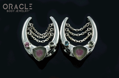 1" (25mm) White Brass Saddles with Chains and Watermelon and Multi Color Tourmaline