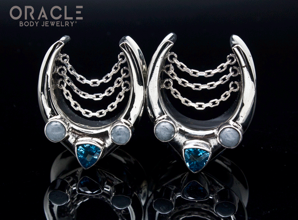 1" (25mm) White Brass Saddles with Chains and London Blue Topaz and Aquamarine