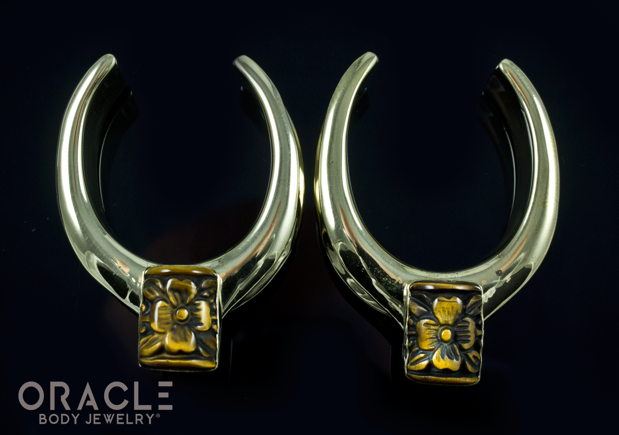 1-1/4" (32mm) Brass Saddles with Yellow Tiger Eye Carved Flowers