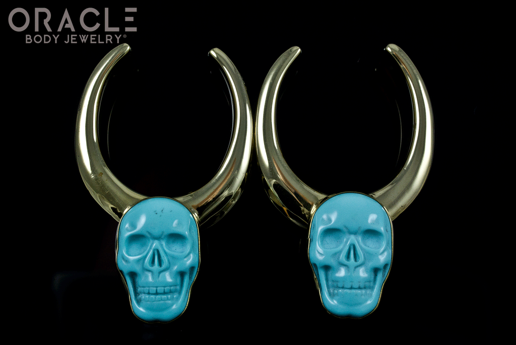 1-1/4" (32mm) Brass Saddles with Turquoise Carved Skulls
