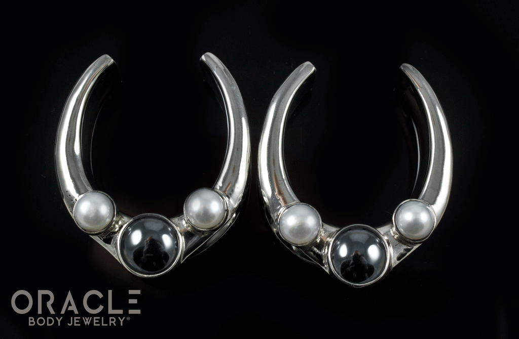 1-1/4" (32mm) White Brass Saddles with Hematite and Pearls
