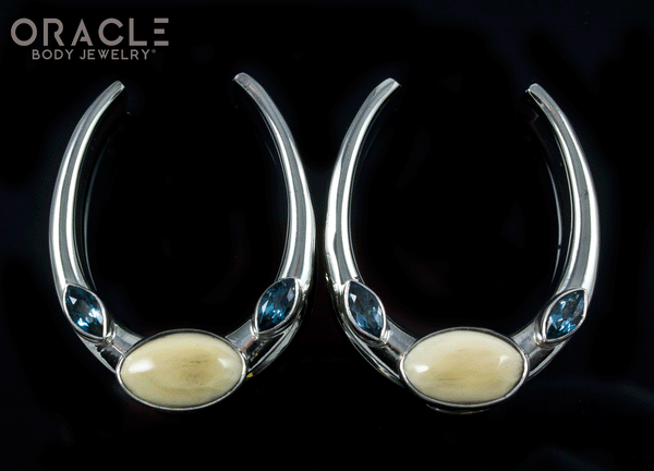 1-1/2" (38mm) White Brass Saddles with Fossil Mammoth Ivory and London Blue Topaz