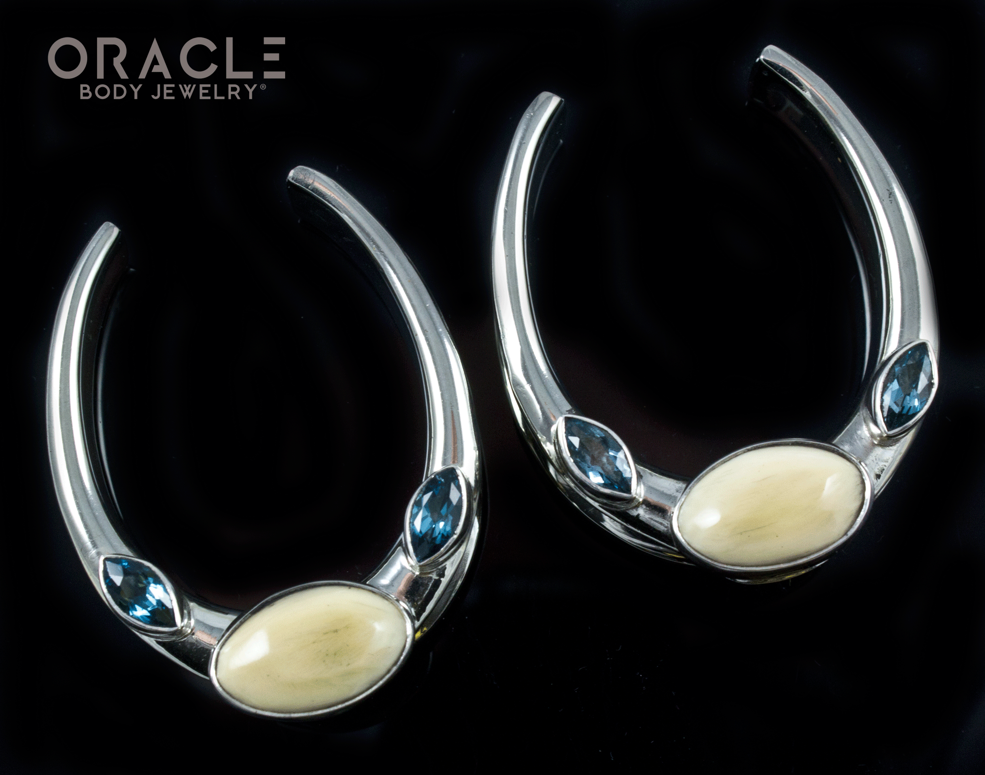 1-1/2" (38mm) White Brass Saddles with Fossil Mammoth Ivory and London Blue Topaz