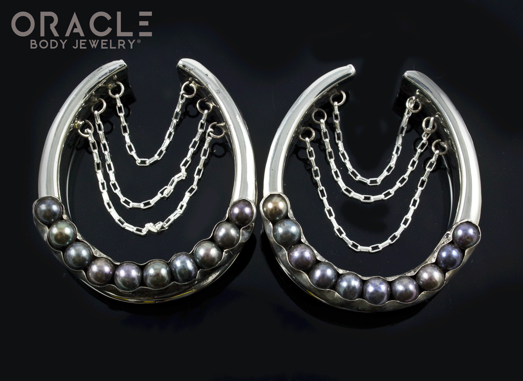 1-5/8" (41mm) White Brass Saddles with Chains and Channel Set Black Pearls