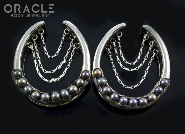 1-5/8" (41mm) White Brass Saddles with Chains and Channel Set Black Pearls