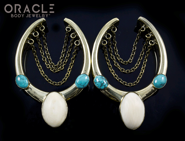 1-5/8" (41mm) Brass Saddles with Fossil Mammoth and Natural Turquoise