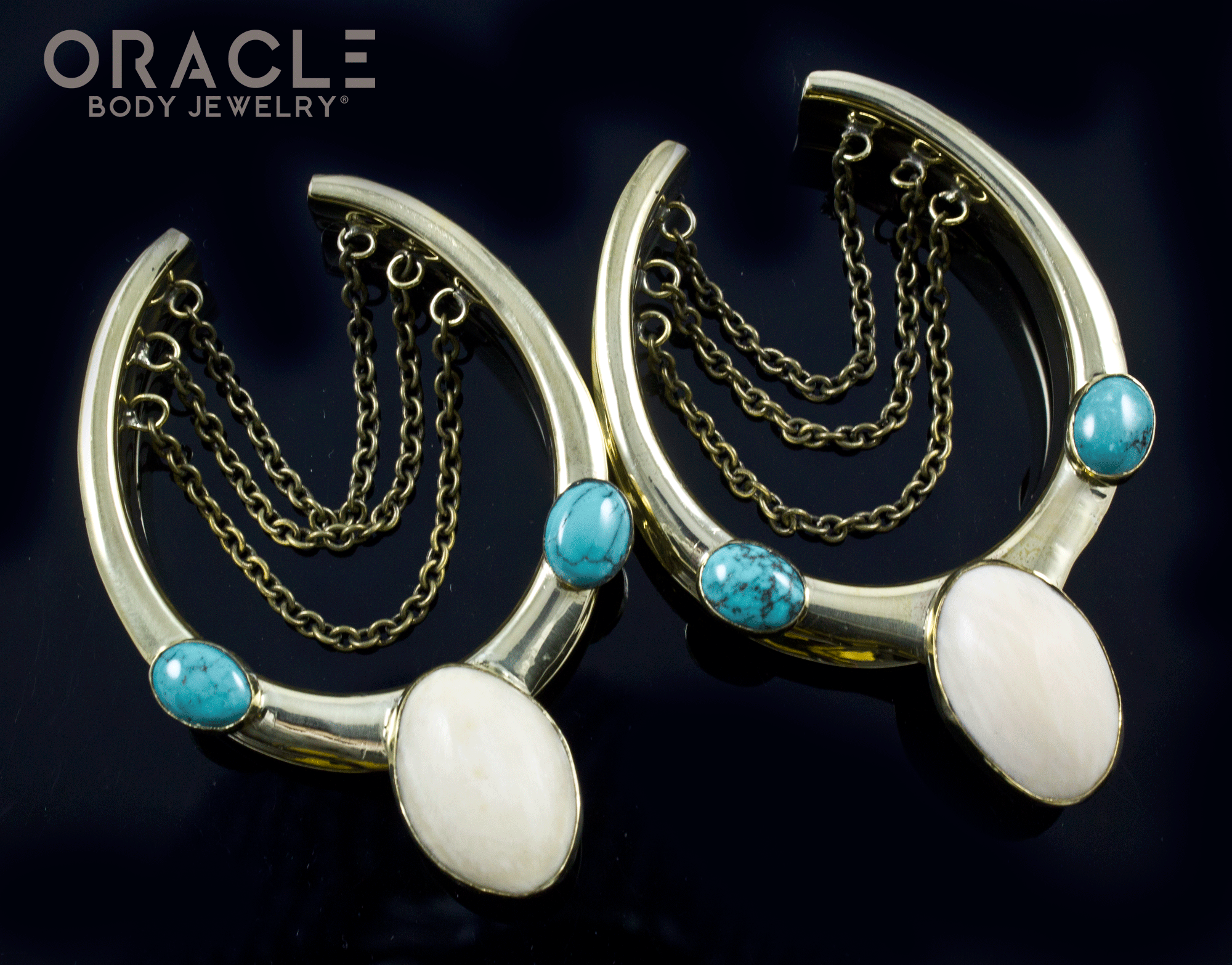 1-5/8" (41mm) Brass Saddles with Fossil Mammoth and Natural Turquoise