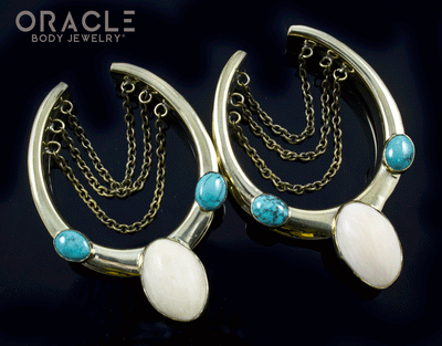 1-5/8" (41mm) Brass Saddles with Fossil Mammoth and Natural Turquoise