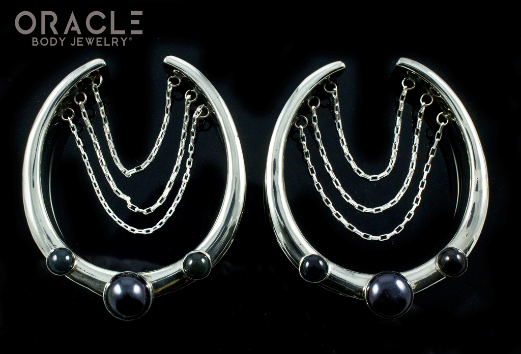 2" (51mm) White Brass Saddles with Chains and Black Pearls with Black Opals