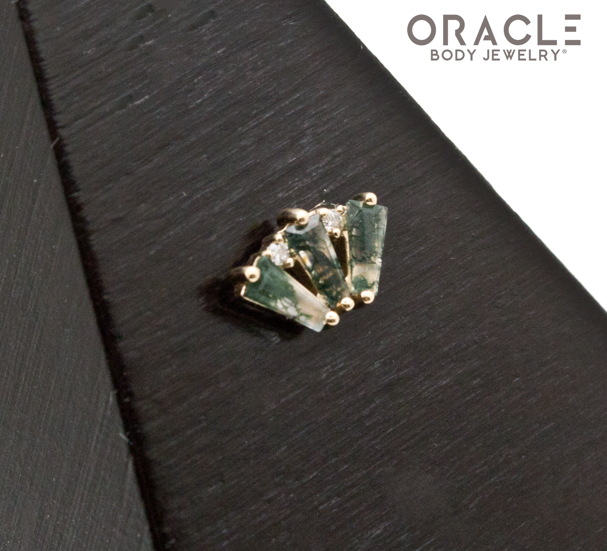 14k Yellow Gold Triple Crown Moss Agate and Diamonds Threadless End
