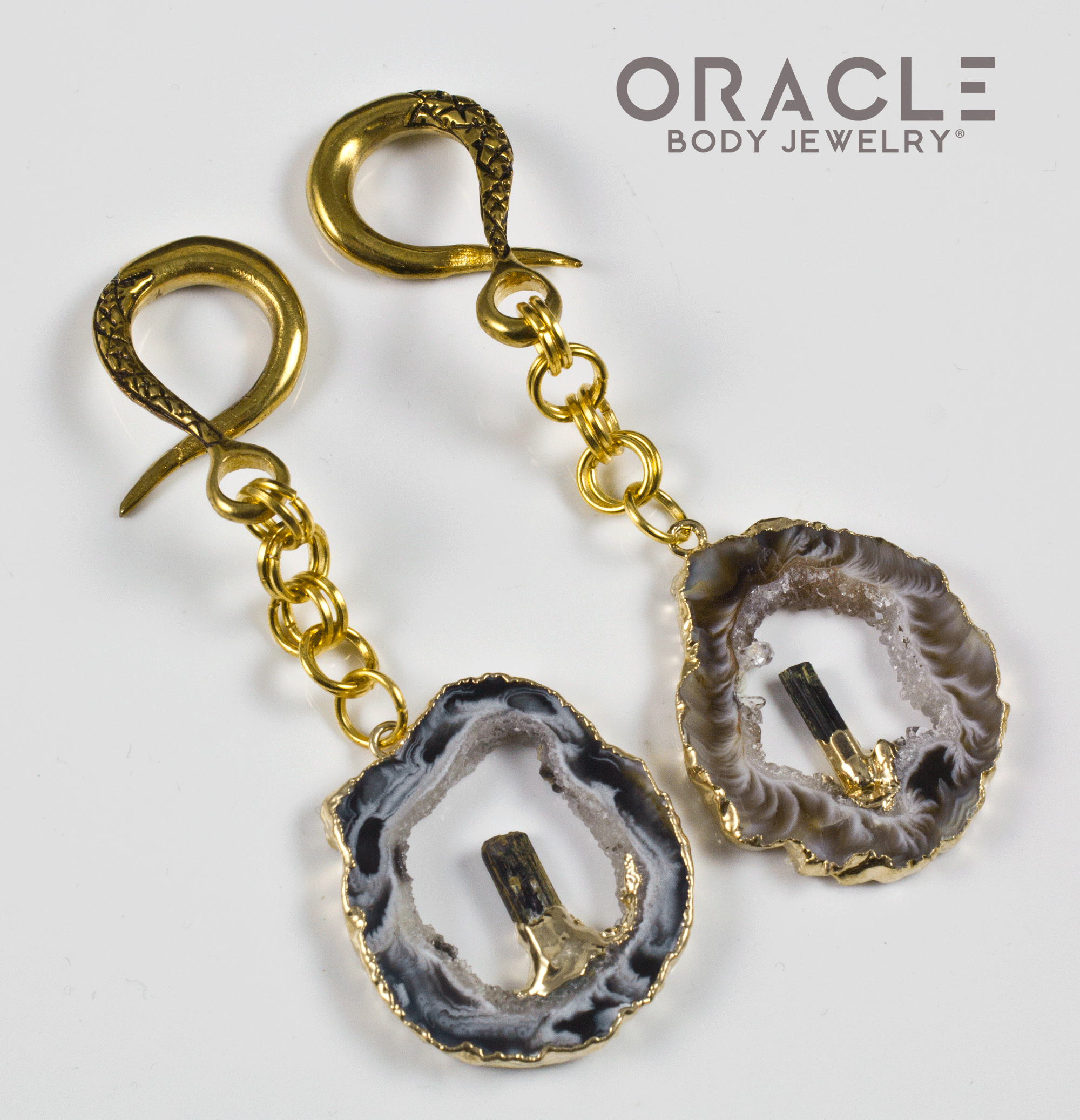 Crossover With Gold Plated Sliced Agate Geodes and Black Tourmaline