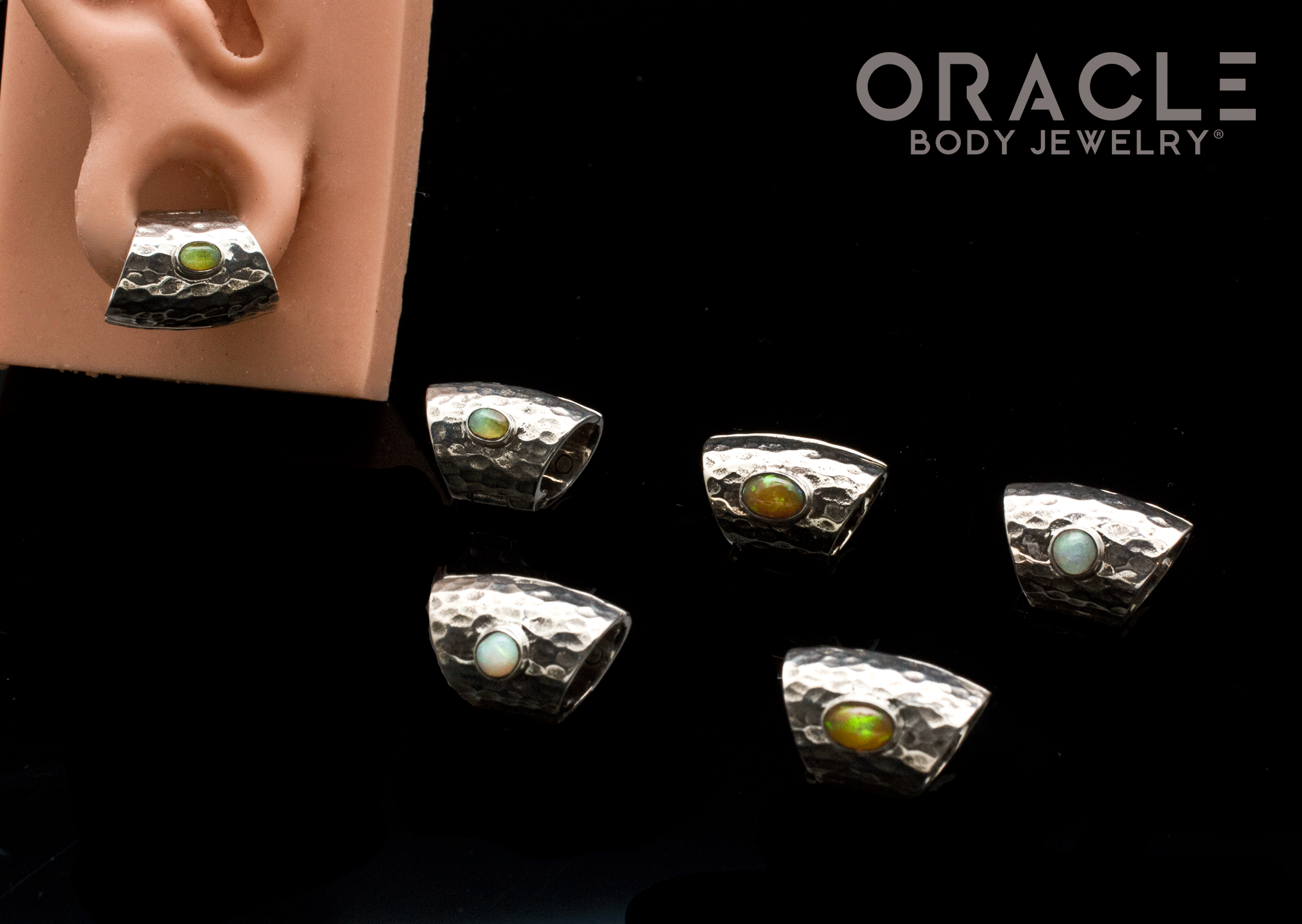 Hammered Sterling Silver Lobe Clickers with Opals