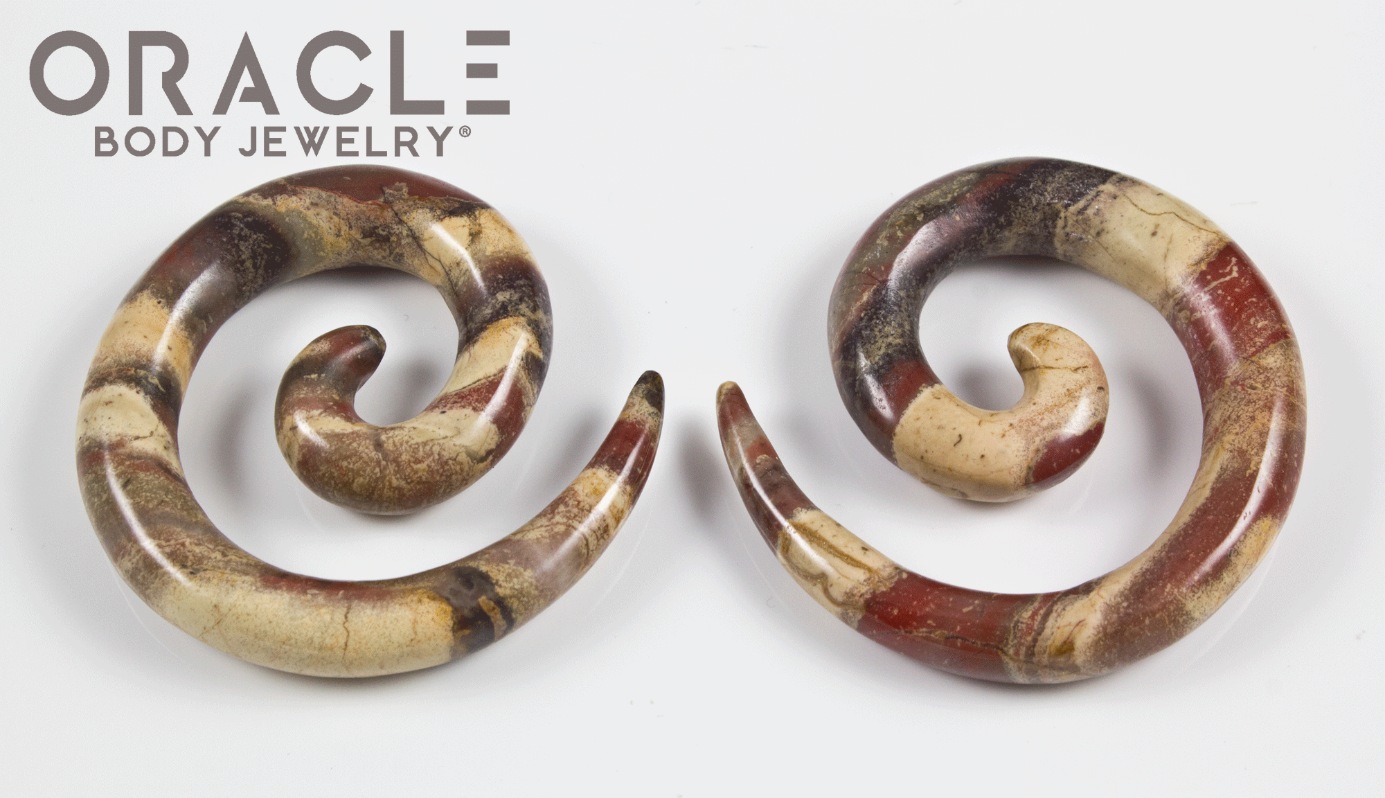 Front view of each of the river jasper spirals 