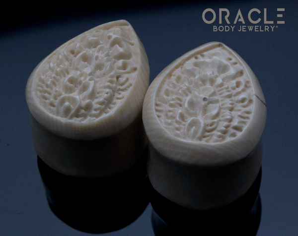 7/8" (23mm)  Fossilized Mammoth Ivory Carved Teardrop Plugs