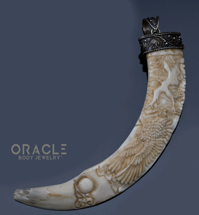 Boar's Tusk Pendant with Carved Cherry Blossom and Owl and Silver Filigree