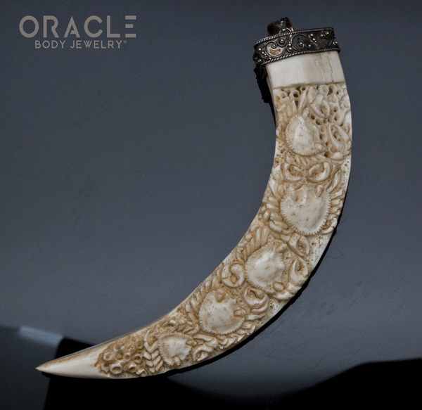 Boar's Tusk Pendant with Carved Crab and Silver Filigree