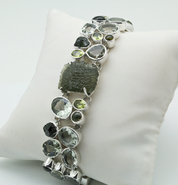 Sterling Silver Moldavite Bracelet with Chrome Diopside, Green Amethyst and Peridot
