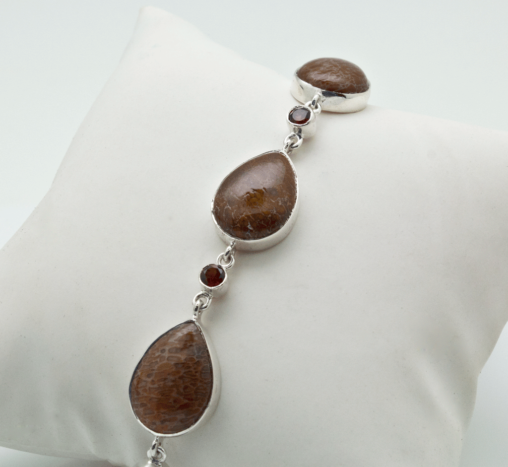 Sterling Silver Fossilized Dinosaur Bone and Garnet Bracelet