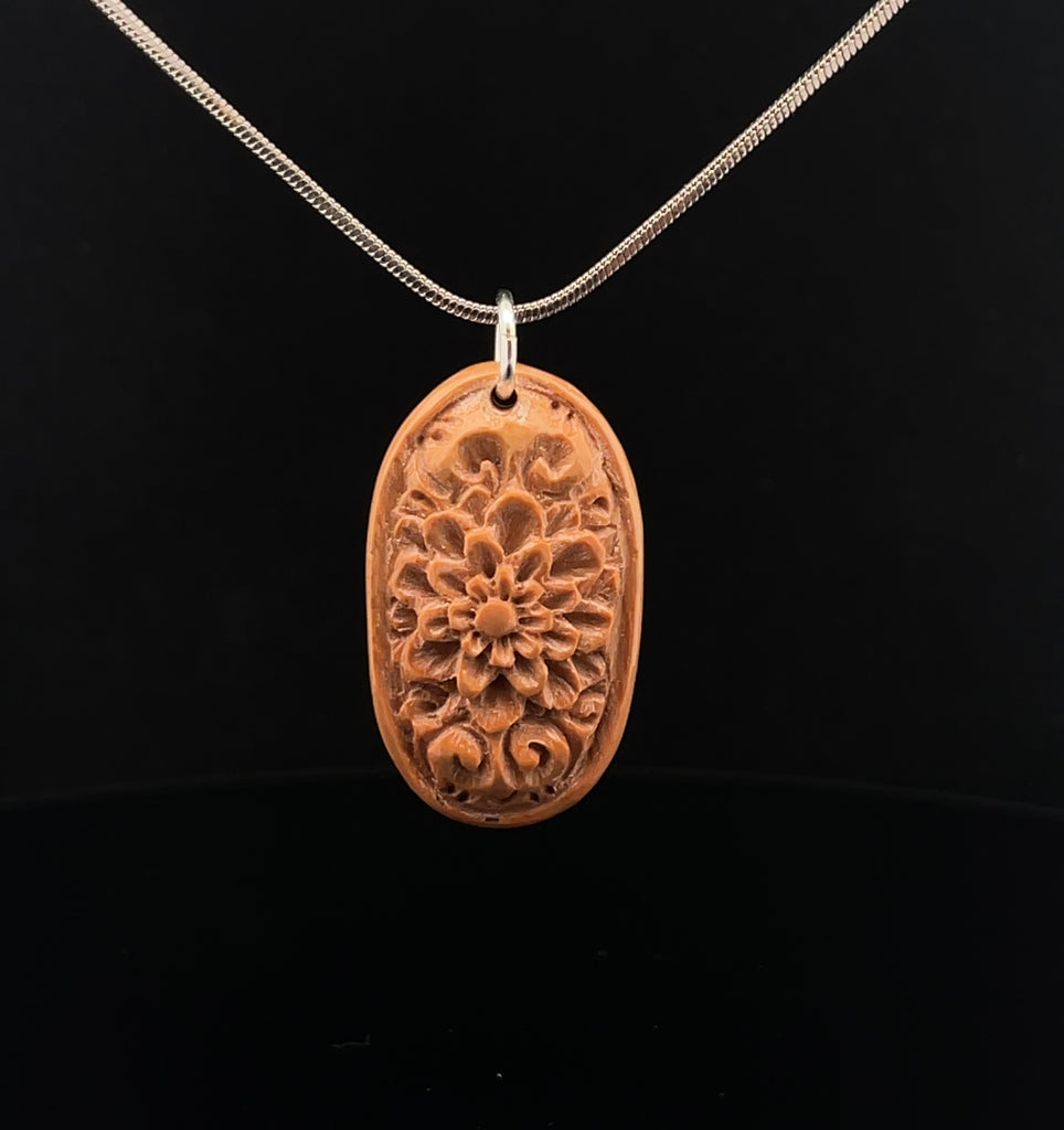 Carved Fossilized Mammoth Ivory Pendant with Chain