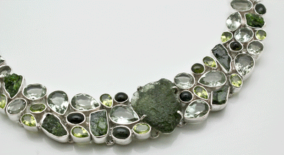Sterling Silver Moldavite with Chrome Diopside, Green Amethyst and Peridot Necklace