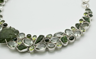 Sterling Silver Moldavite with Chrome Diopside, Green Amethyst and Peridot Necklace