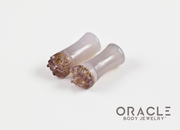 2g (6.5mm) Double Flare Druzy Rough Amethyst Plugs