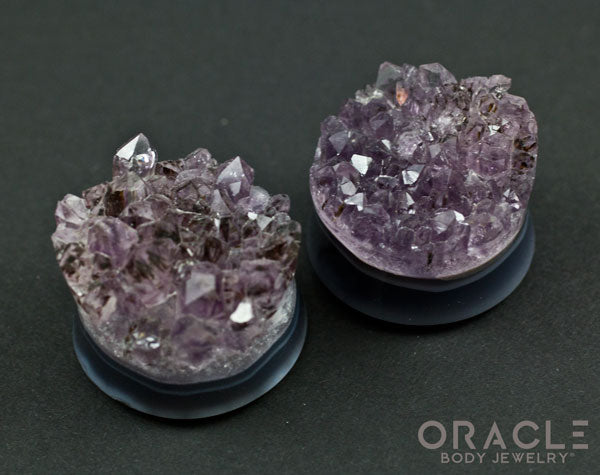 1-1/8" (28mm) Double Flare Druzy Rough Amethyst Plugs