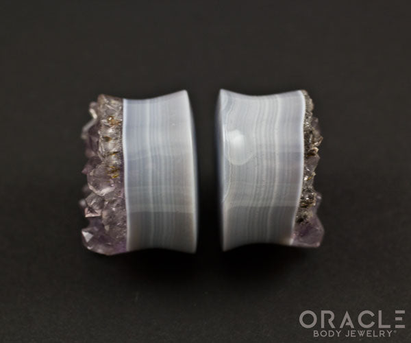 1-1/8" (28mm) Double Flare Druzy Rough Amethyst Plugs