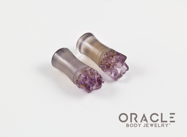 2g (6.5mm) Double Flare Druzy Rough Amethyst Plugs
