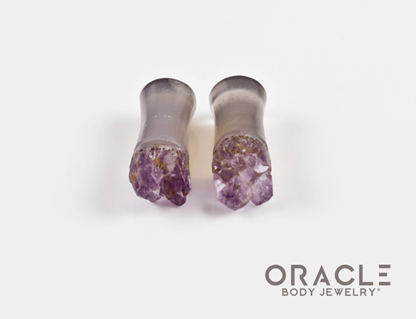 2g (6.5mm) Double Flare Druzy Rough Amethyst Plugs