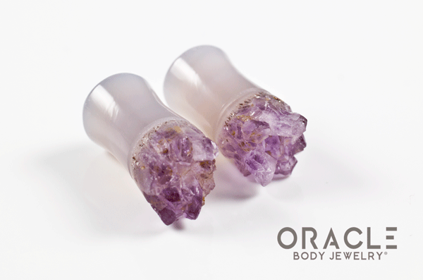 0g (8mm) Double Flare Druzy Rough Amethyst Plugs