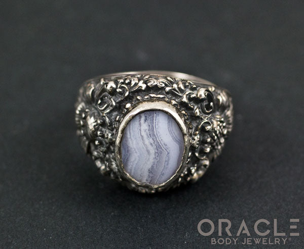 Sterling Silver Lotus Ring with Blue Lace Agate Size 10