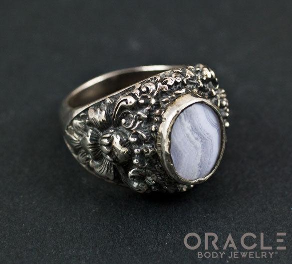 Sterling Silver Lotus Ring with Blue Lace Agate Size 10