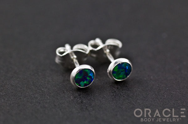 Sterling Silver Synthetic Dark Blue Opal Earrings