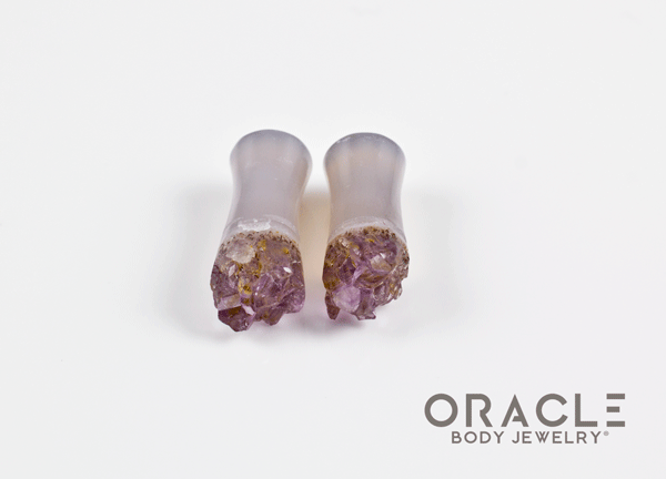 2g (6.5mm) Double Flare Druzy Rough Amethyst Plugs