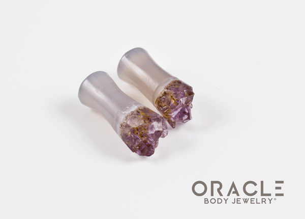 2g (6.5mm) Double Flare Druzy Rough Amethyst Plugs