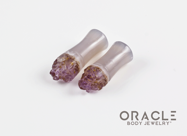 2g (6.5mm) Double Flare Druzy Rough Amethyst Plugs