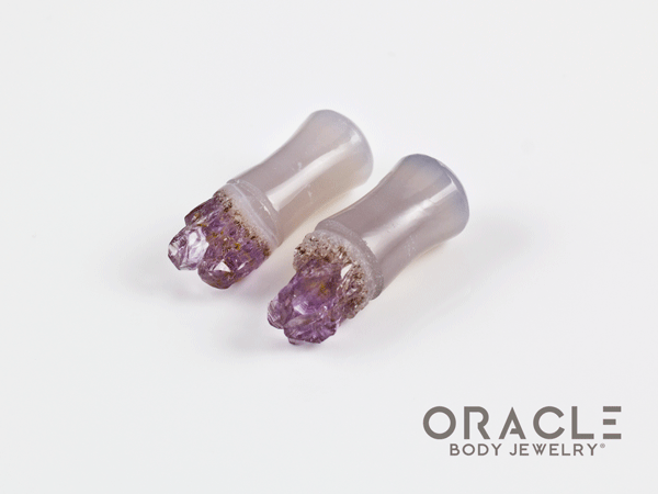 2g (6.5mm) Double Flare Druzy Rough Amethyst Plugs