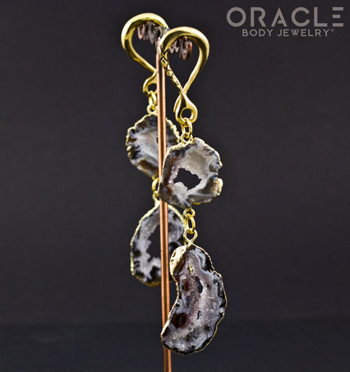 Crossover with 24k Gold Plated Druzy Agate Slice Double Dangles