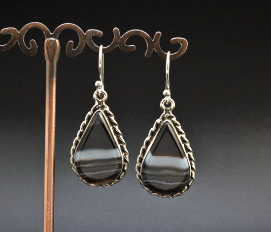 Sterling Silver Black Tibetan Agate Earrings