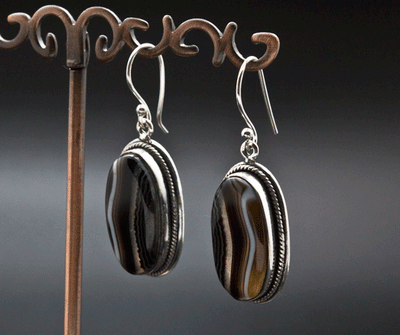 Sterling Silver Black Tibetan Agate Earrings